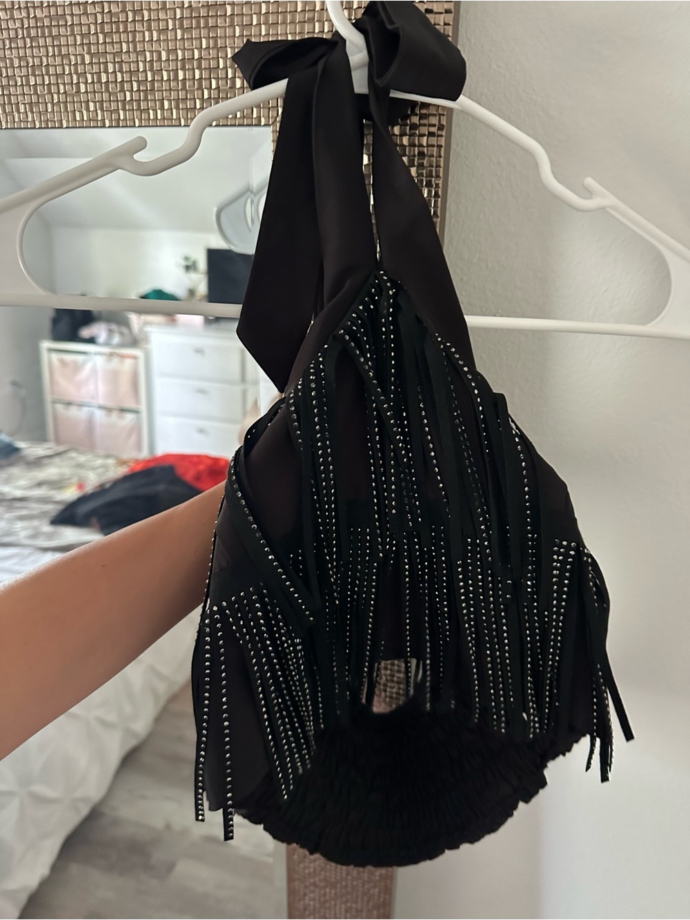 Black Fringe Beaded Halter Top
